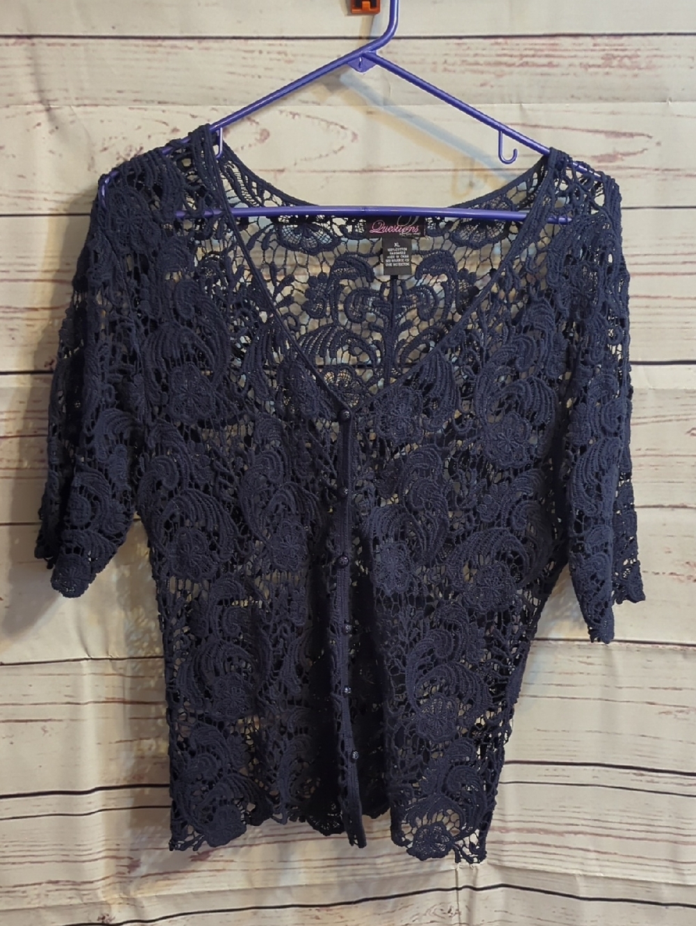 Navy Crochet Lace Openwork Knit Top
